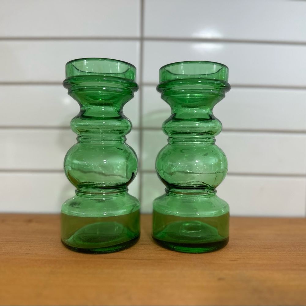 Vintage Pair Green Glass Vases Made in Italy - Picture 2 of 7